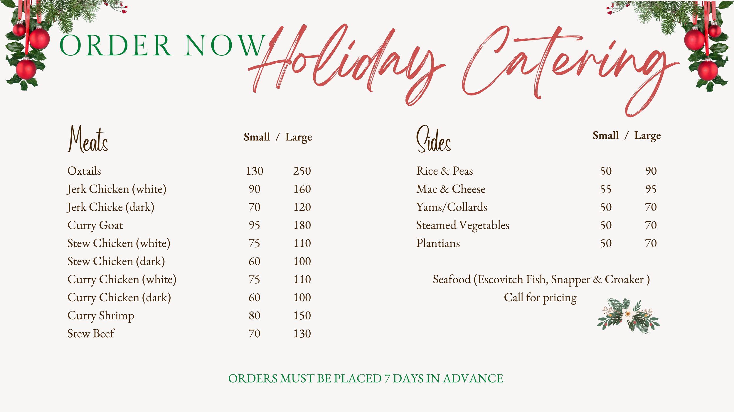 Original catering menu showing small and large tray prices and seven-day advance ordering requirement